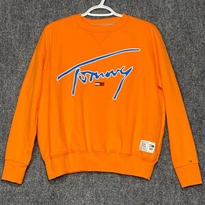 Tommy Jeans Sweatshirt‎ Women's XS Orange Blue Logo Crew Neck Pullover Retro Y2K
